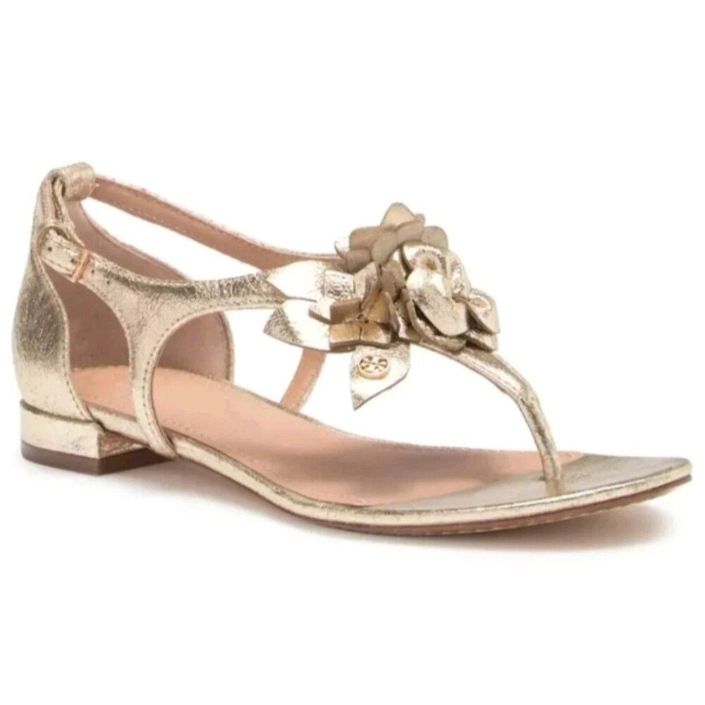 TORY Burch Blossom Metallic Gold Leather Flat Sandals  Floral Bouquet Size 10M
